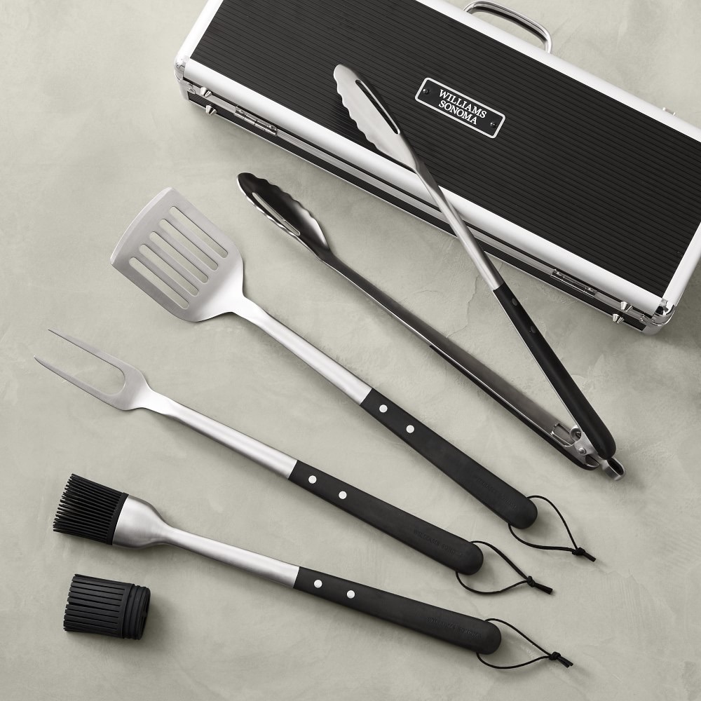 William Sonoma Black-Handled 4-Piece BBQ Tool Set with Storage Case